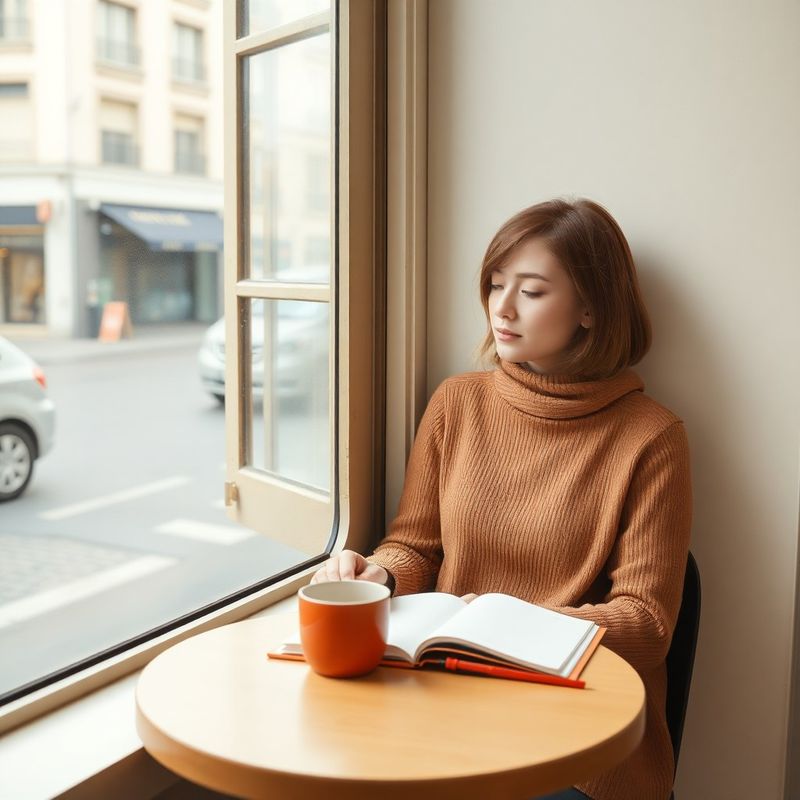 창가에 앉아 노트를 펼친 여행자와 테라코타 색 커피잔